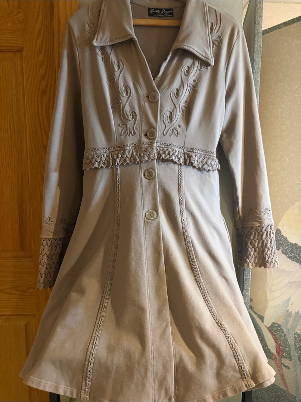 Gretty Zueger crochet Lace-Trim Taupe, Fit & Flare Duster Coat